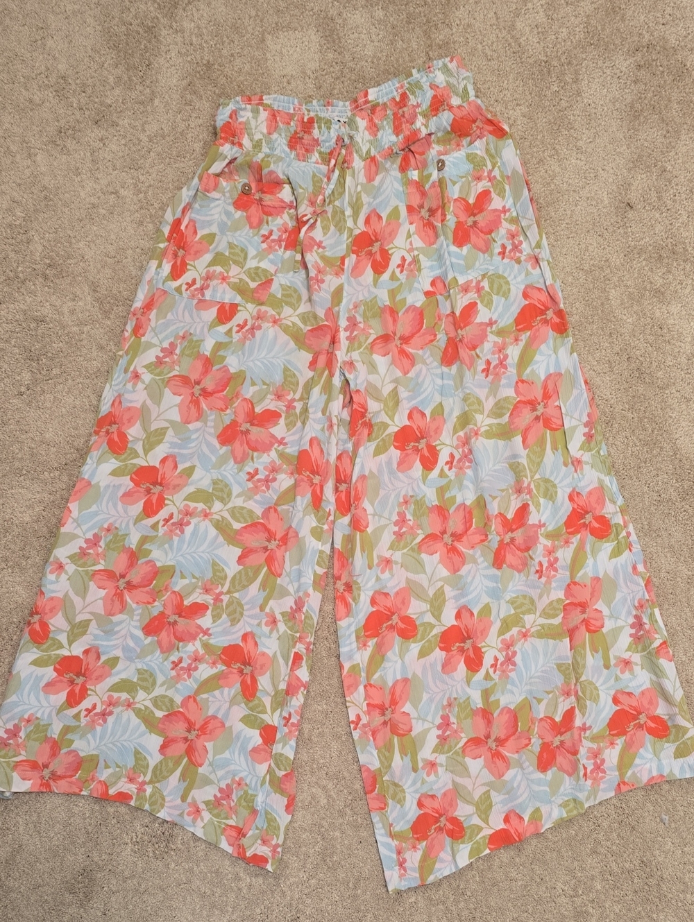 Roxy Wide Leg Floral Pants - Coral & Green on Light Blue
